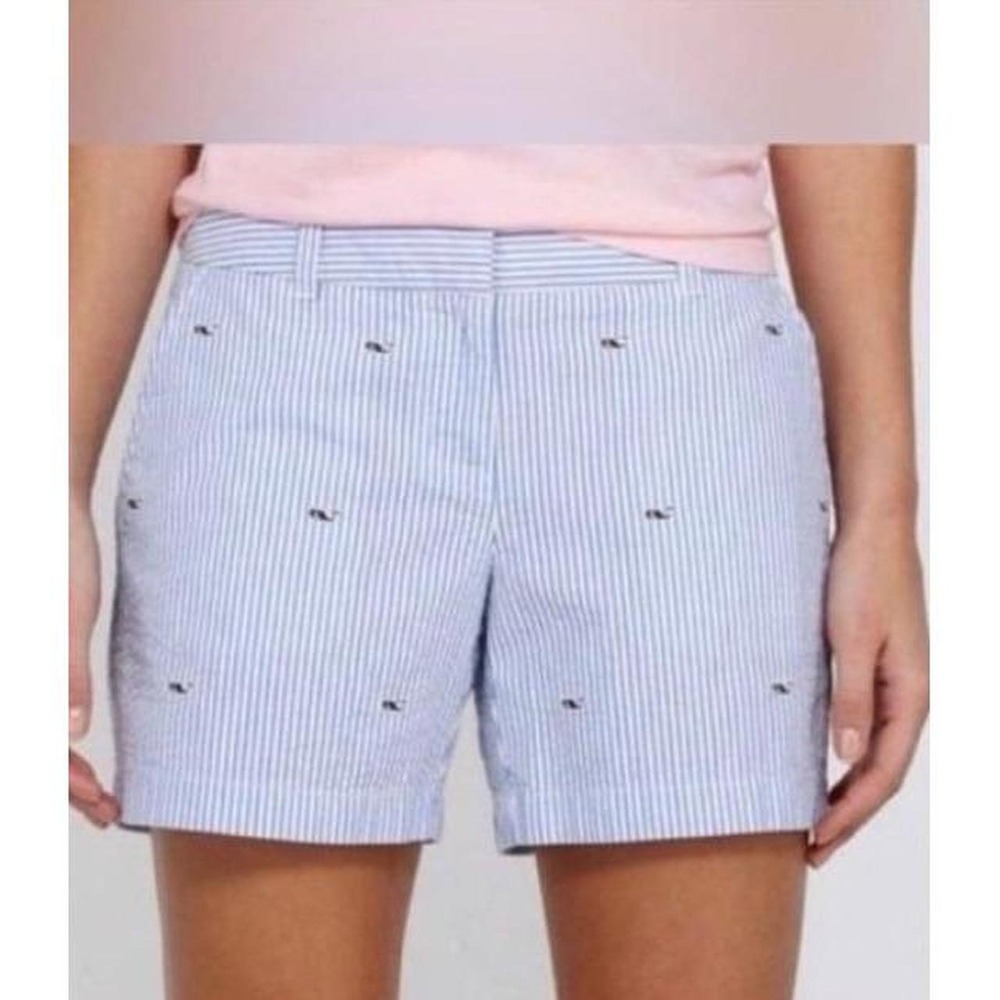 Womens Vineyard Vines Seersucker Embroidered Whale Cotton Short Chino Shorts